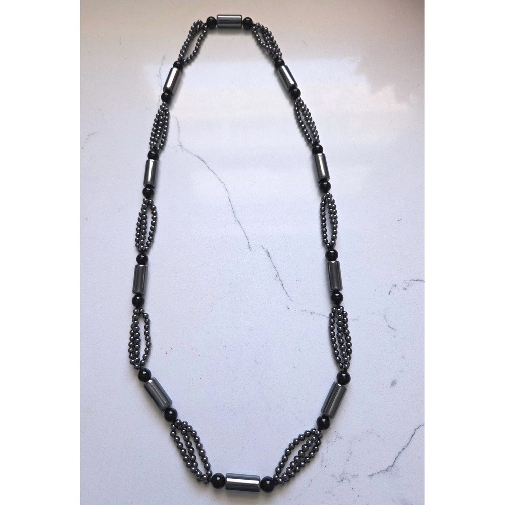 VTG Hematite and Black Onyx Beaded Long Cylinder Tube Necklace Gunmetal 31"